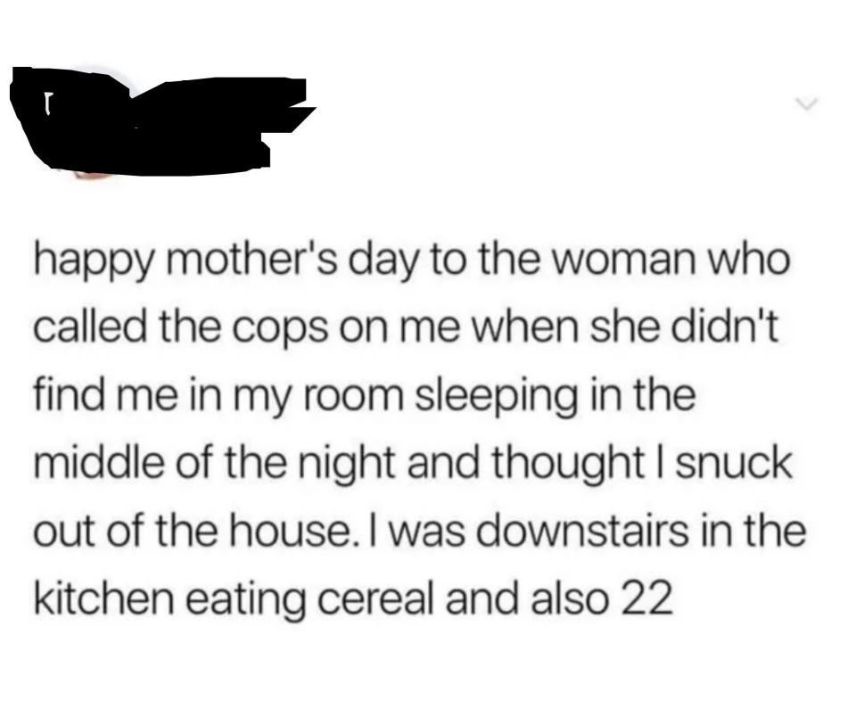 Child wishes "happy Mother's Day to the woman who called the cops on me when she didn't find me in my room sleeping in the middle of the night and thought I snuck out of the house; I was downstairs in the kitchen eating cereal and also 22"