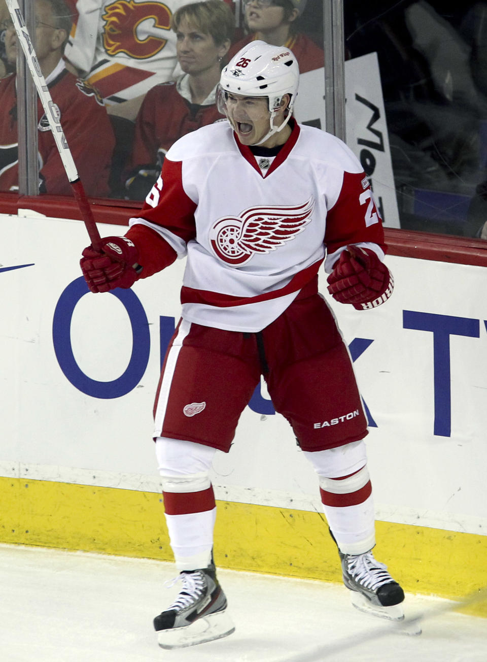 CALGARY, CANADA - JANUARY 31: Jiri Hudler #26 of the Detroit Red Wings celebrates his game winning goal in a 3-1 win over the Calgary Flames in NHL action on January 31, 2012 at the Scotiabank Saddledome in Calgary, Alberta, Canada. (Photo by Mike Ridewood/Getty Images)