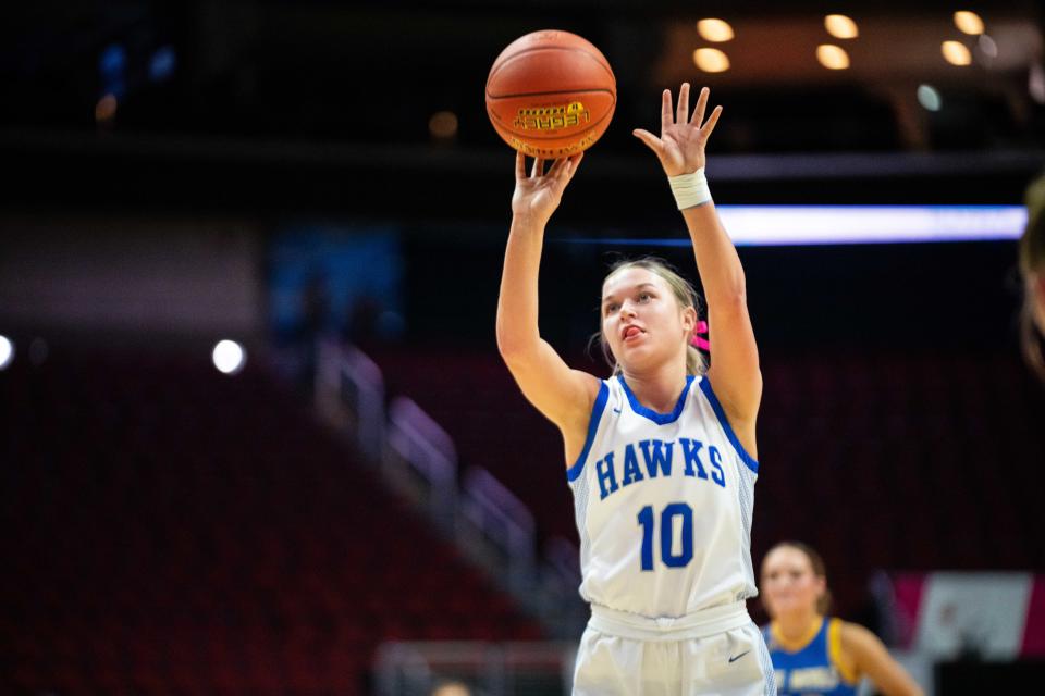 Remsen St. Mary's Carmindee Ricke takes a free throw during the 1A quarterfinal against Martensdale St. Marys Wednesday, Feb. 28, 2024, at Wells Fargo Arena.