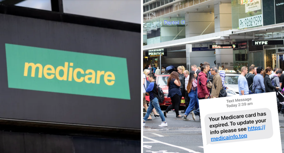 Image of Medicare sign, Australians crossing the road and Medicare scam text message.