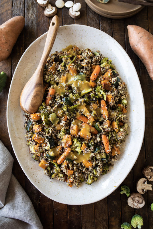 <p>Dude That Cooks</p><p>This warm quinoa & roasted veggie salad combines the taste and texture of roasted veggies and fluffy and nutty quinoa with a delicious homemade vinaigrette dressing.</p><p><strong>Get the Recipe</strong>: <a href="https://dudethatcookz.com/warm-quinoa-roasted-veggie-salad-with-homemade-vinaigrette/" rel="nofollow noopener" target="_blank" data-ylk="slk:Quinoa Roasted Veggies;elm:context_link;itc:0;sec:content-canvas" class="link rapid-noclick-resp"><strong>Quinoa Roasted Veggies</strong></a></p>