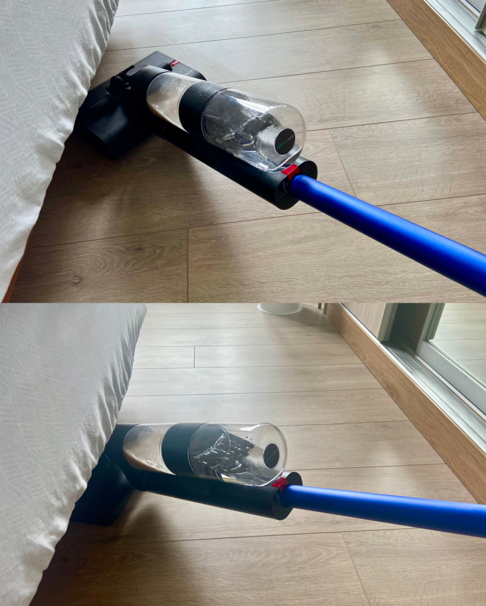 ▲Dyson WashG1雙驅四刷無線洗地機可輕易直接深入床底下清潔。