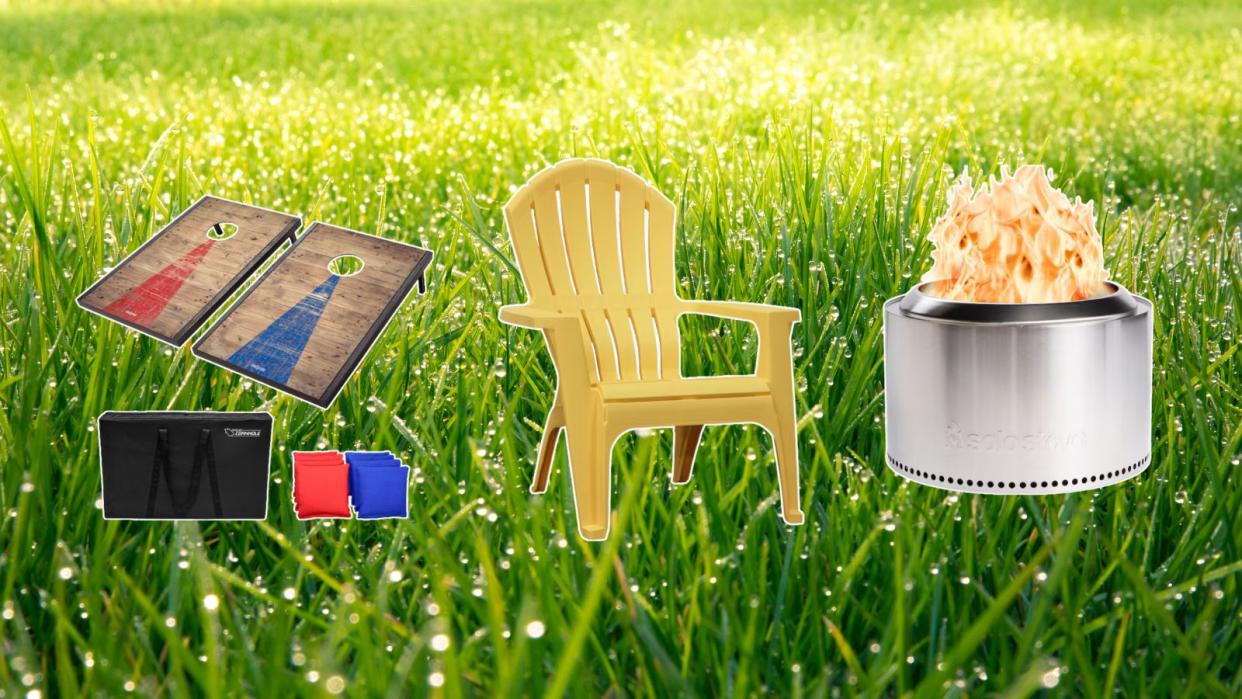  Lowe's SpringFest 2024 sale items including corn hole, an Adirondack chair, and a fire pit on a grassy green springtime background. 