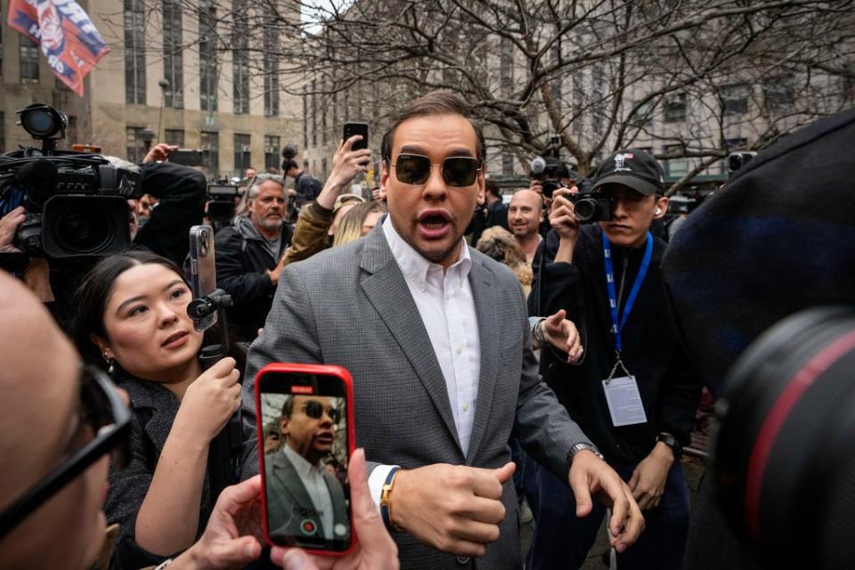 Rep. George Santos, R-N.Y., outside the courthouse where former U.S. President Donald Trump was arraigned April 4.