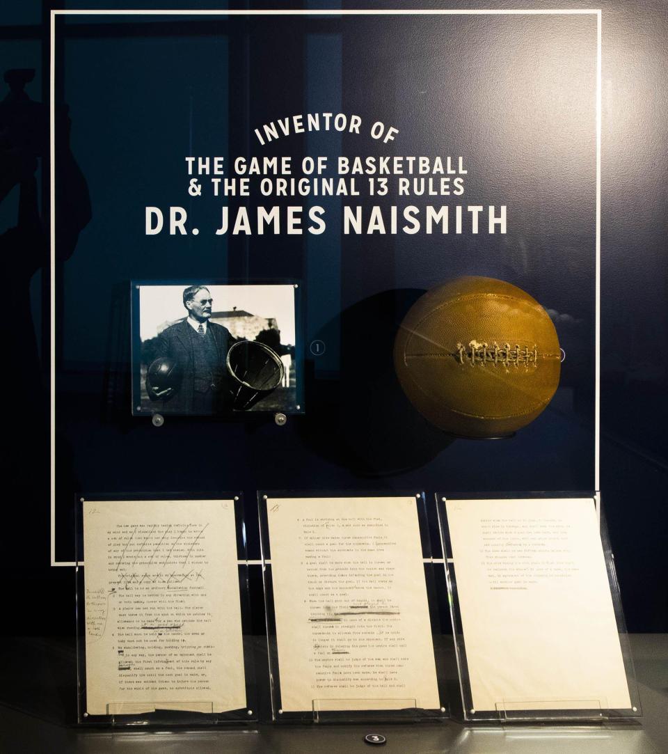 The 13 original rules of basketball annotated by Dr. James Naismith, the sport's inventor, are on display at The Avron B. Fogelman Sports History Museum at FAU. The rules were produced for Naismith's 1934 manuscript, including his hand-written notations. They include three typewritten pages mirroring what Naismith had created for college students when he invented the game in 1891 [ALLEN EYESTONE/palmbeachpost.com]