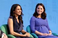 <p>For the first annual Royal Foundation Forum with Prince Harry, and the Duke and Duchess of Cambridge, Meghan Markle wore a <a href="https://www.net-a-porter.com/gb/en/product/992242/Jason_Wu/belted-satin-wrap-dress" rel="nofollow noopener" target="_blank" data-ylk="slk:blue satin wrap dress by Jason Wu;elm:context_link;itc:0;sec:content-canvas" class="link ">blue satin wrap dress by Jason Wu</a>, Aquazzura <a href="https://www.net-a-porter.com/us/en/product/993322" rel="nofollow noopener" target="_blank" data-ylk="slk:Casablanca suede sandals;elm:context_link;itc:0;sec:content-canvas" class="link ">Casablanca suede sandals</a> and a pair of now sold-out <a href="https://www.net-a-porter.com/gb/en/product/987869?cm_mmc=LinkshareUK-_-QFGLnEolOWg-_-Custom-_-LinkBuilder&siteID=QFGLnEolOWg-IU.idLbqlA_jRKy0_EtOYA&rewardStyle=rewardStyle" rel="nofollow noopener" target="_blank" data-ylk="slk:Isabel Marant enamelled gold-tone hoop earrings;elm:context_link;itc:0;sec:content-canvas" class="link ">Isabel Marant enamelled gold-tone hoop earrings</a> (you can still add them to your wishlist here. </p>