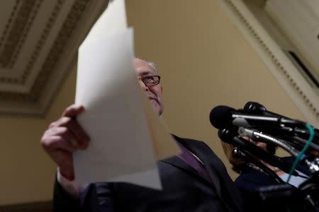 FILE PHOTO: Senate Minority Leader Chuck Schumer speaks at a news conference about the Congressional Budget Office's report on the American Health Care Act at the Capitol in Washington, D.C., U.S. March 13, 2017. REUTERS/Aaron P. Bernstein