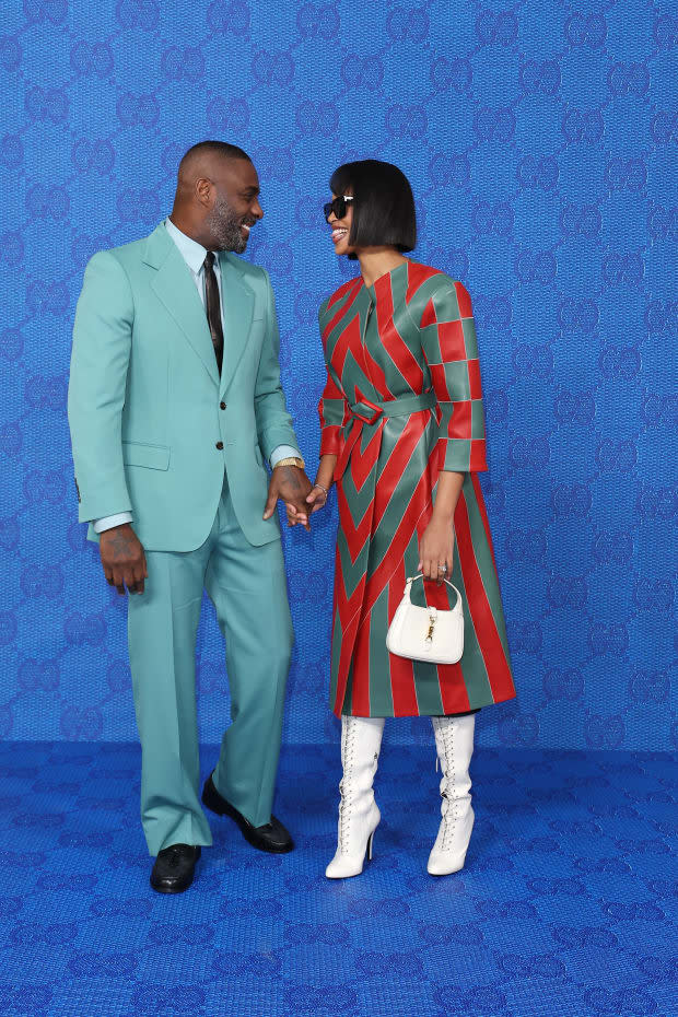 MILAN, ITALY - JANUARY 13: Idris Elba and Sabrina Dhowre arrive at the Gucci show during Milan Fashion Week Fall/Winter 2023/24 on January 13, 2023 in Milan, Italy. (Photo by Pietro S. D'Aprano/Getty Images for Gucci)<p><a href="https://www.gettyimages.com/detail/1456196000" rel="nofollow noopener" target="_blank" data-ylk="slk:Pietro S. D'Aprano/Getty Images;elm:context_link;itc:0;sec:content-canvas" class="link ">Pietro S. D'Aprano/Getty Images</a></p>