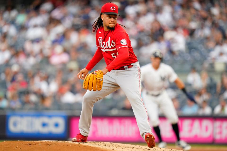 Cincinnati Reds' Luis Castillo pitches during the first inning of the team's baseball game against the New York Yankees on Thursday, July 14, 2022, in New York.