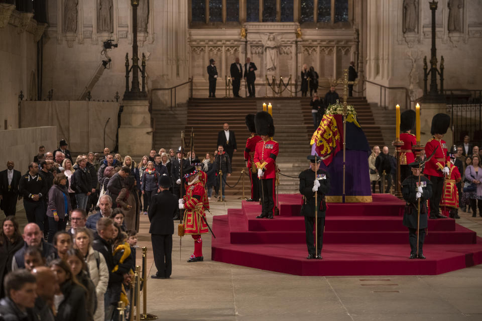 Members of the public queued through the night to pay their respects at the coffin of Queen Elizabeth II in Westminster Hall. (Getty Images)