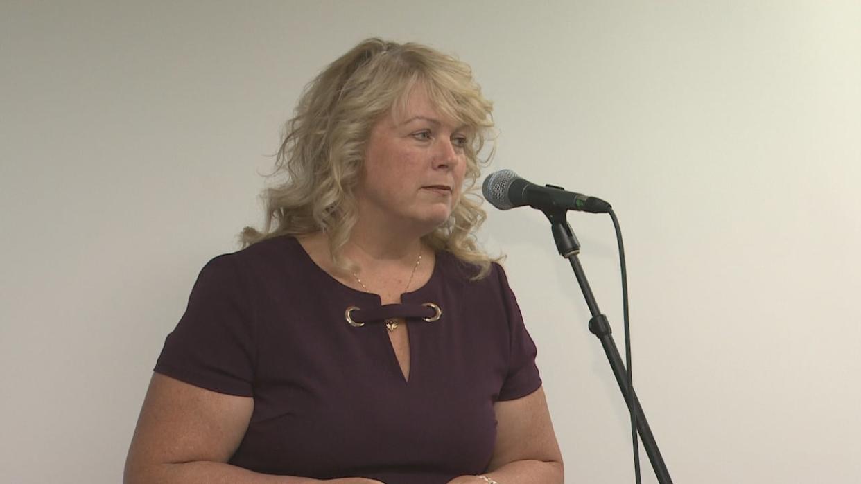 Cynthia Carroll speaks at the launch of the province's first autism action plan at Autism Nova Scotia's offices in Bedford on Wednesday. (Paul Poirier/CBC - image credit)