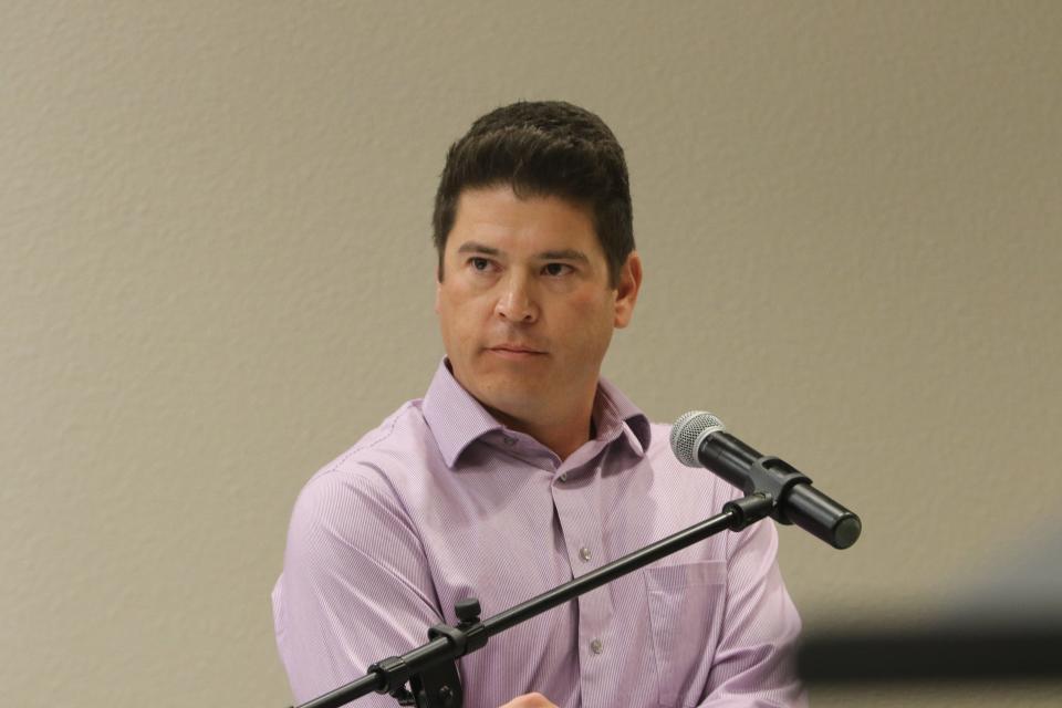 Christopher Cordova testifies during a hearing on Cordova's appeal of his firing from the City of Carlsbad, April 10, 2024 at the Janel Whitlock Municipal Annex in Carlsbad.