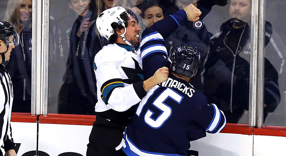 The idiotic “beef” between the Jets and Sharks is officially dead … off the ice, anyways. (Darcy Finley/NHLI via Getty Images)