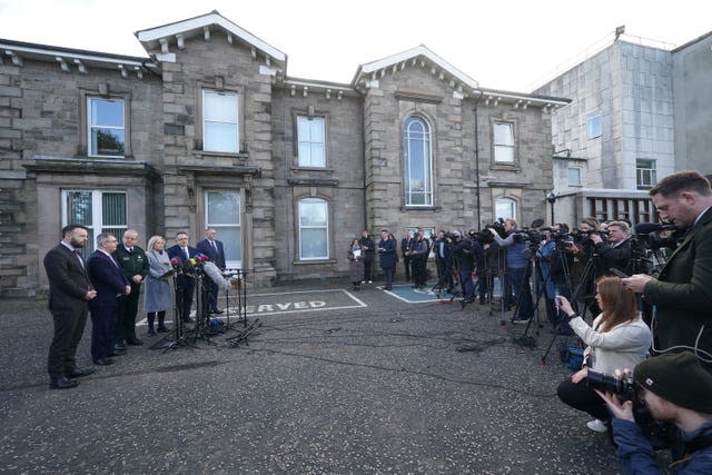 Left to right, SDLP leader Colum Eastwood, DUP leader Sir Jeffrey Donaldson, PSNI Chief Constable Simon Byrne, Sinn Fein's Michelle O’Neill, Stephen Farry from the Alliance party, and Ulster Unionist Party leader Doug Beattie speaking to the media outside the PSNI HQ in Belfast 