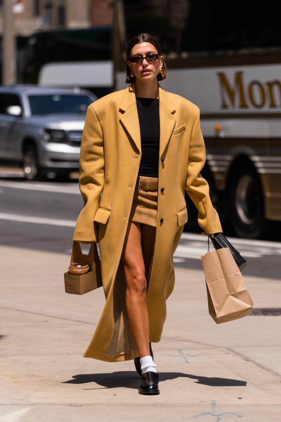 <h1 class="title">Hailey Bieber is seen in Tribeca on May 10, 2023 in New York City.</h1><cite class="credit">Gotham</cite>