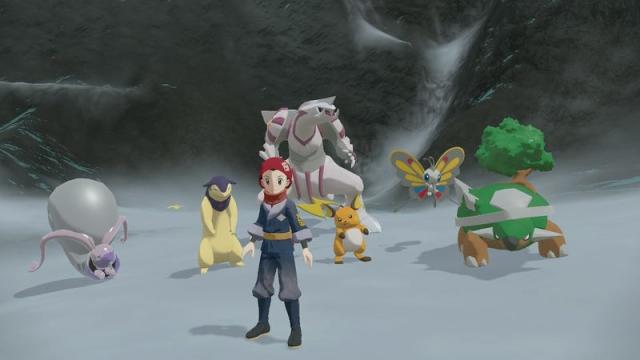 A trainer is seen standing in snowy area with his party of Goodra, Typhlosion, Palkia, Raichu, Beautifly, and Torterra standing behind him.