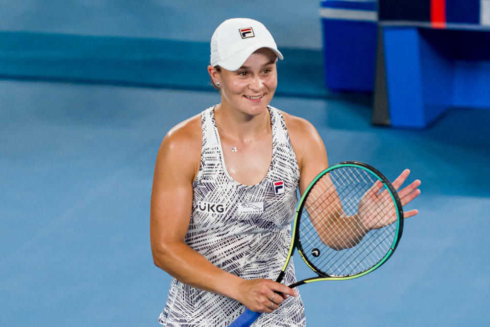 Ash Barty, pictured here celebrating after sealing her place in the Australian Open final.