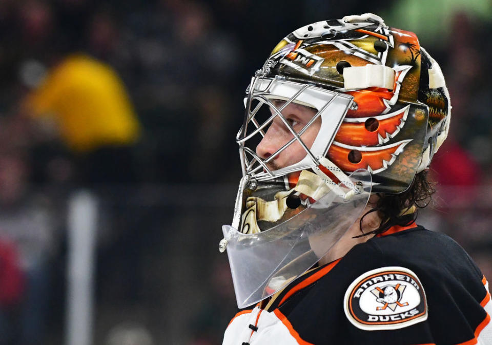 ST. PAUL, MN – FEBRUARY 14: Anaheim Ducks Goalie John Gibson (36) looks on during a NHL game between the Minnesota Wild and Anaheim Ducks on February 14th, 2017 at the Xcel Energy Center in St. Paul, MN. The Ducks defeated the Wild 1-0. (Photo by Nick Wosika/Icon Sportswire via Getty Images)