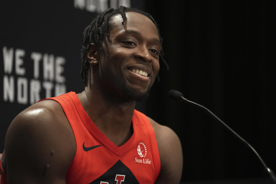 Toronto Raptors' OG Anunoby speaks to reporters during the NBA basketball team's media day in Toronto Monday, Oct. 2, 2023. (Chris Young/The Canadian Press via AP)