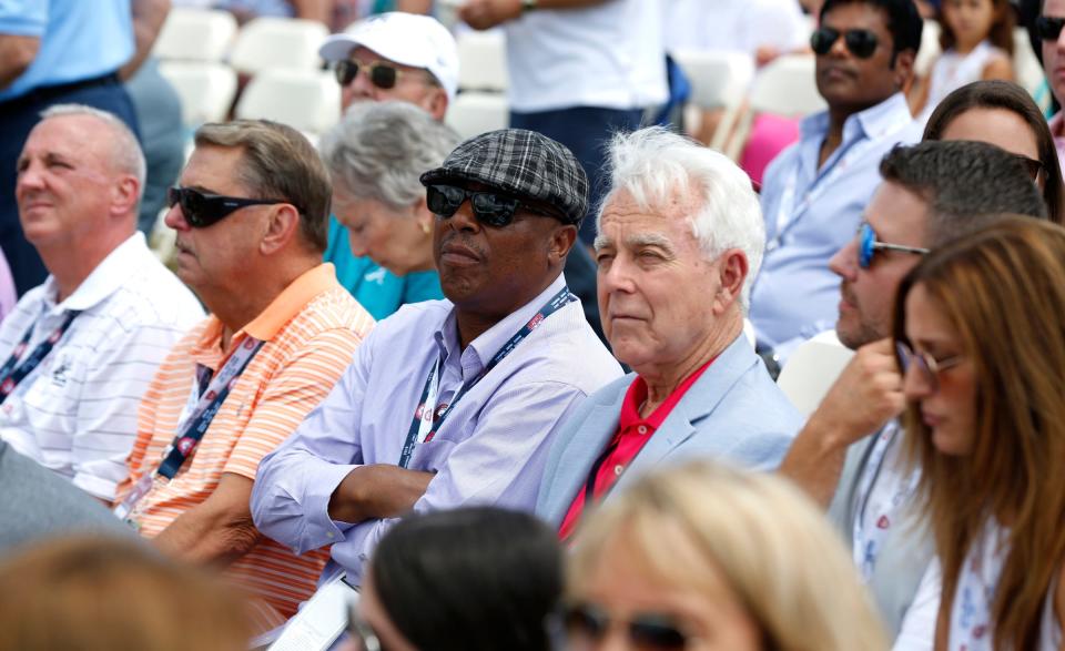 Former Detroit Tigers star Lou Whitaker, center, and Gary Spicer, a friend of the Tigers for decades, watch the video monitor that was playing an interview with Jack Morris at the Clark Sports Center after the National Baseball Hall of Fame induction ceremony in Cooperstown, N.Y. on Sunday, July 29, 2018.