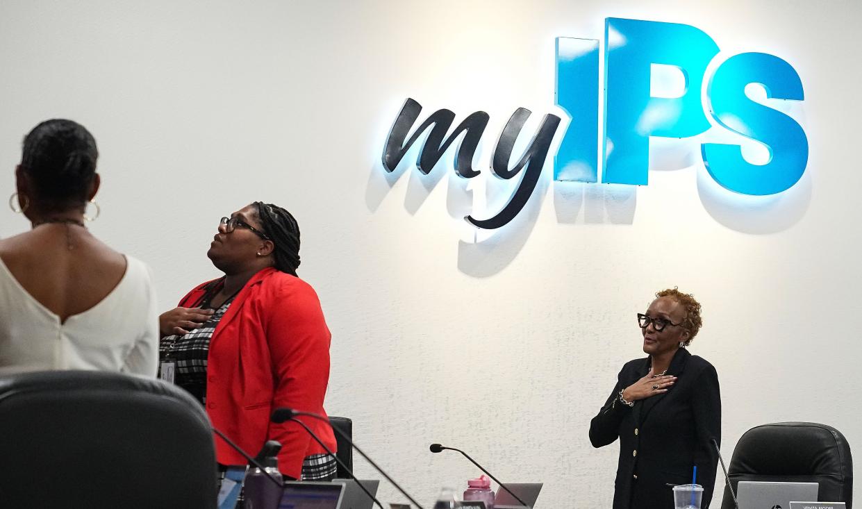The Indianapolis Public Schools Board president Venita Moore says the Pledge of Allegiance before the start of a meeting Thursday, Jan. 19, 2023 at the Board Room of the John Morton-Finney Center for Educational Services in Indianapolis. 