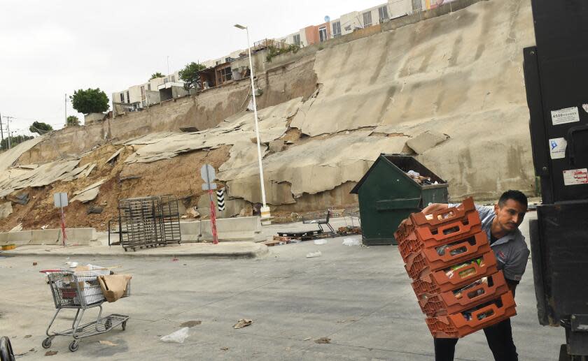 Tijuana, Mexico August 21, 2023-A wall collapsed in Tijuana after Tropical Storm Hilary passed through Mexico Sunday. (Wally Skalij/Los Angles Times)