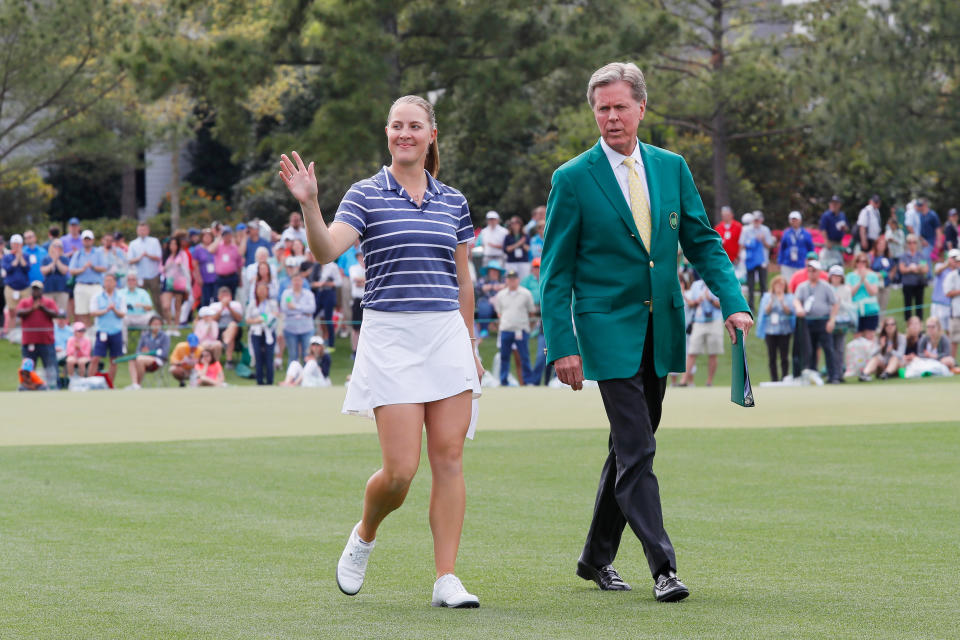 Jennifer Kupcho and Chairman of Augusta National Golf Club and the Masters Tournament Fred Ridley walk to the trophy ceremony after the Augusta National Women's Amateur. (Getty Images)