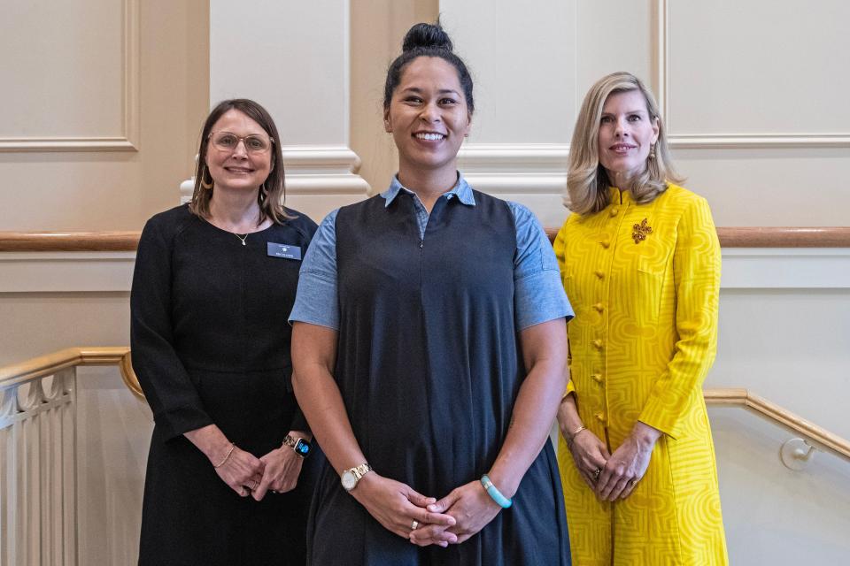 From left, Kim Collison, curator of exhibitions; Elizabeth Way, guest curator of the "Ann Lowe: American Couturier" exhibit; and Alexandra Deutsch, John L. and Marjorie P. McGraw director of collections, are featured during a media preview of the "Ann Lowe: American Couturier" exhibition at the Winterthur Museum, Garden and Library near Centreville on Wednesday, Aug. 30, 2023. The exhibit features nearly 40 gowns, including some that have never been on display, and runs from Sept. 9 to Jan. 7, 2024.