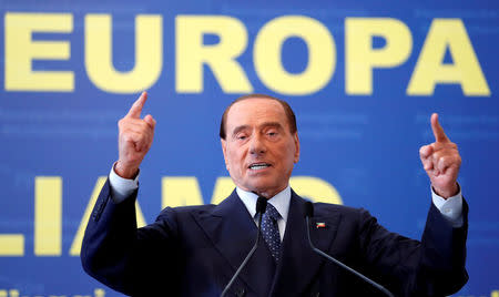 FILE PHOTO: Forza Italia leader Silvio Berlusconi gestures during EPP European People's Party meeting in Fiuggi, Italy, September 17, 2017. REUTERS/Remo Casilli/File Photo