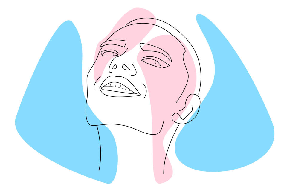 A graphic of the trans flag with an outline of someone's face overlayed