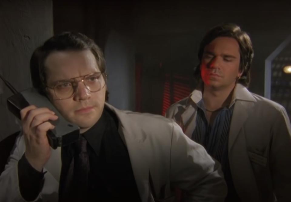 Matthew Holness on the phone and Matt Berry both in character on Garth Marenghi's Darkplace
