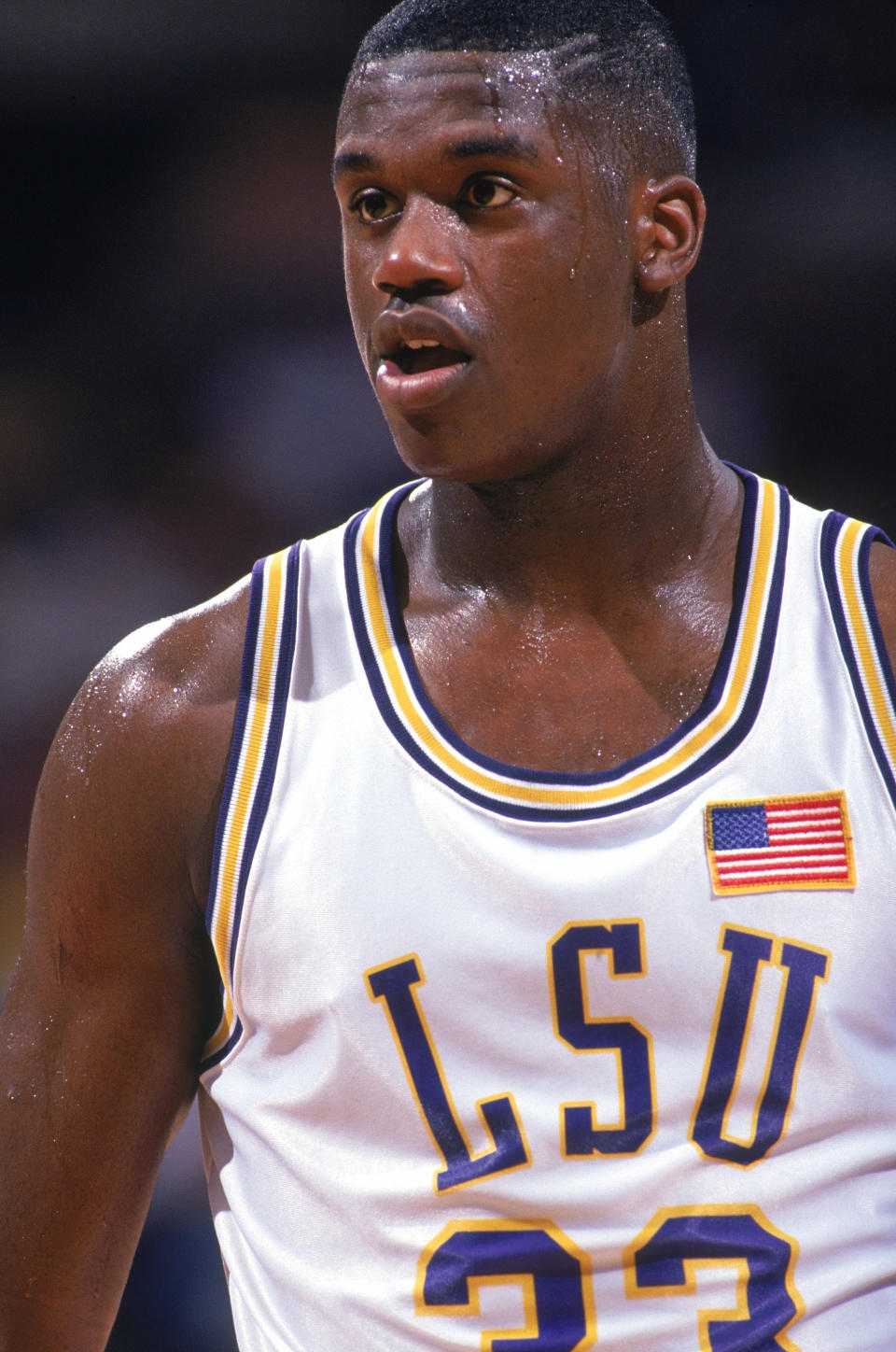 Shaquille O'Neal #33 of the Louisiana State University Tigers looks on during a NCAA game in 1992 at Pete Maravich Assembly Center in Baton Rouge, Louisiana. (Photo by Getty Images)