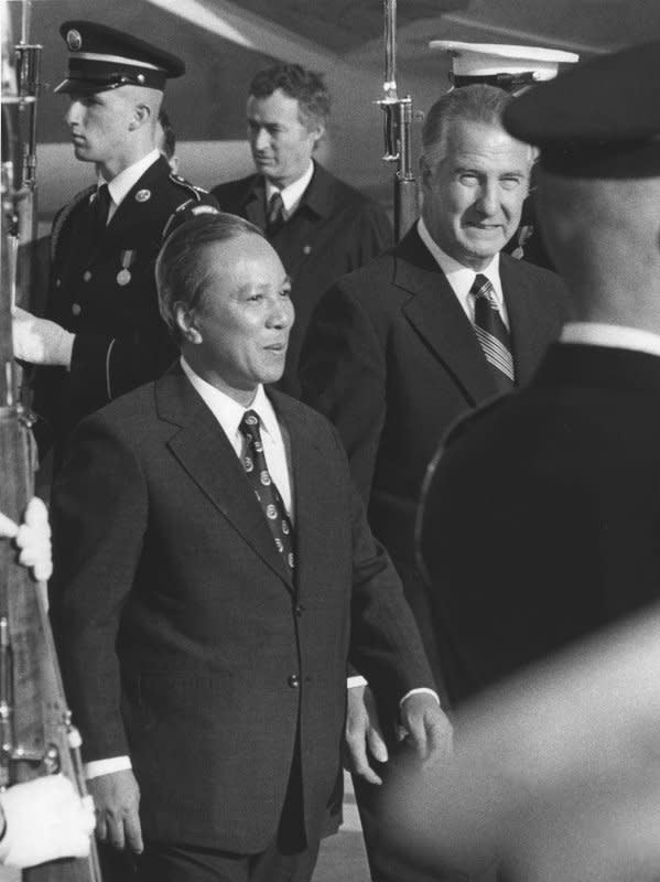 President Nguyen Van Thieu of South Vietnam is escorted by Vice President Spiro Agnew upon arrival at nearby Andrews Air Force base on April 4, 1973. On April 21, 1975, Nguyen Van Thieu resigned as president of South Vietnam after denouncing the United States as untrustworthy. UPI File Photo