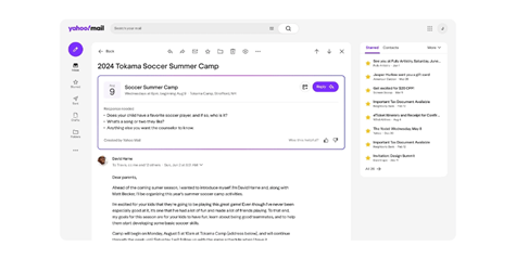 全新Yahoo電子信箱推出AI智慧摘要功能，依據信件內容生成單句摘要。開啟電子郵件後，系統將以點列方式列出內容摘要，並附上建議行動或需回覆的任務，協助用戶減少管理作業時間