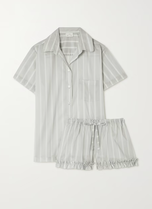 Ruffled Striped Cotton-Voile Pajama Set