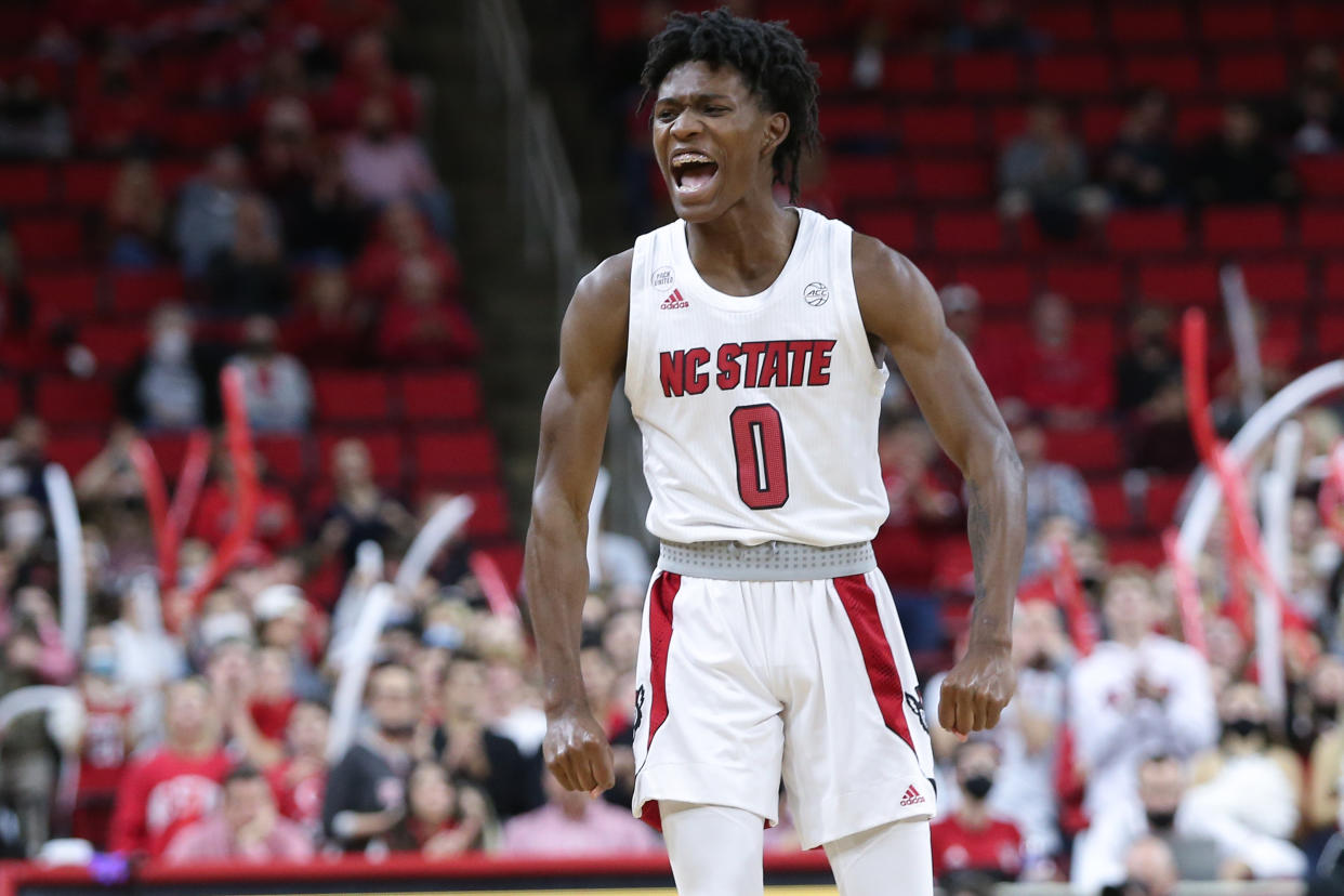 NC State guard Terquavion Smith celebrates a 3-pointer during a 2022 game. (Nicholas Faulkner/Icon Sportswire via Getty Images)