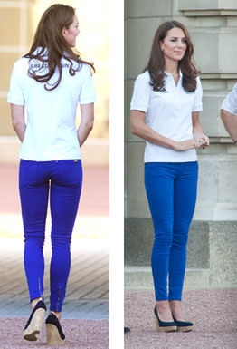 These bright blue pants are completely on <a href=" http://shine.yahoo.com/fashion/pants-palette-10-ways-wear-colored-jeans-231100947.html;_ylt=A2KJjan2BCFQoxMAqEYhmolQ" data-ylk="slk:trend for summer fashion.;elm:context_link;itc:0;sec:content-canvas;outcm:mb_qualified_link;_E:mb_qualified_link;ct:story;" class="link  yahoo-link">trend for summer fashion.</a> The zippers on the back add a nice detail to the simple but chic outfit. <br>--<br> Prince William, Duke of Cambridge, Catherine, Duchess of Cambridge and Prince Harry leave after watching Wai-Ming hand over the London 2012 Olympic Torch to John Hulse during a visit to Buckingham Palace, on Day 69 of the London 2012 Olympic Torch Relay on July 26, 2012 in London, England. The Olympic flame is making its way through the capital on the penultimate day of its journey around the UK before arriving in the Olympic Stadium on Friday evening for the Olympic games' Opening Ceremony.