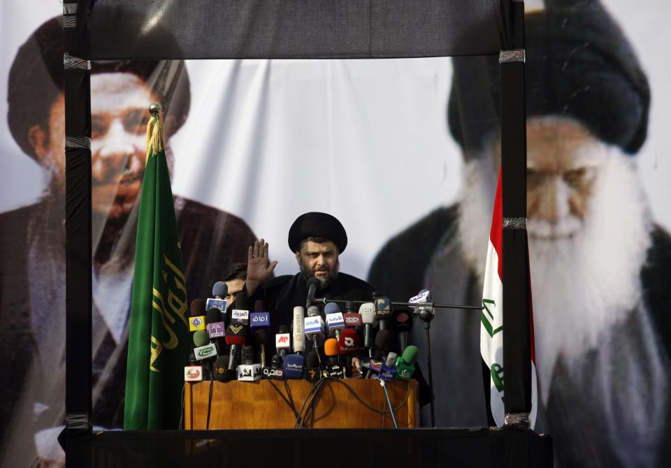 FILE - Shiite cleric Muqtada al-Sadr speaks during his first public appearance since returning from nearly four years of self-imposed exile in Najaf, south of Baghdad, Iraq, Saturday, Jan. 8, 2011. Al-Sadr is a populist cleric, who emerged as a symbol of resistance against the U.S. occupation of Iraq after the 2003 invasion. (AP Photo/Karim Kadim, File