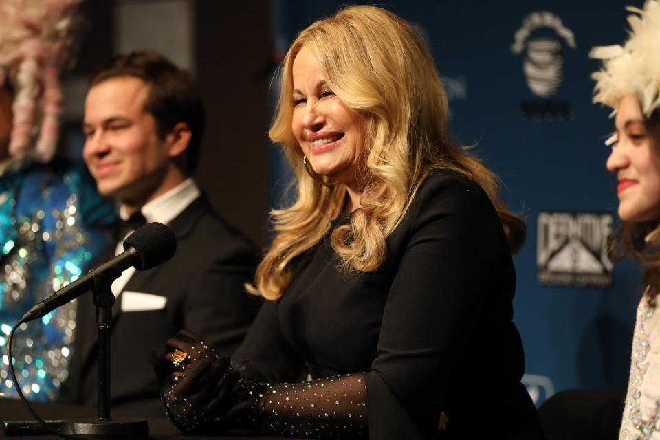 Jennifer Coolidge speaks on stage as she is being honored by Hasty Pudding Theatricals as 2023 Woman Of The Year at Farkas Hall on February 04, 2023 in Cambridge, Massachusetts.