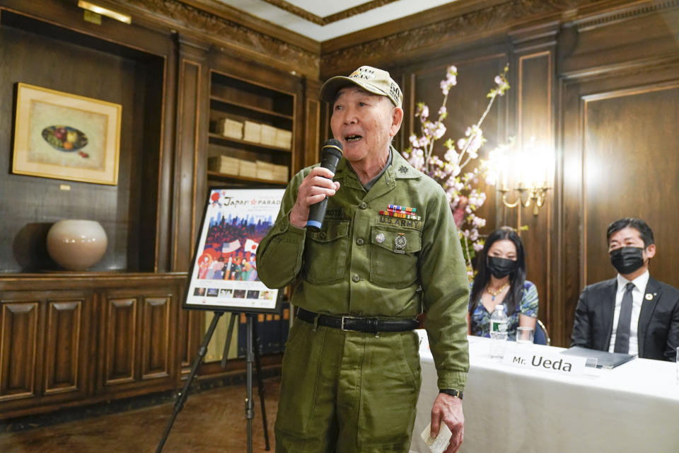 Tak Furumoto, representing Japanese-American veterans, speaks at a news conference in New York, Wednesday, April 27, 2022. Performers, Japanese officials, and other guests were promoting the first ever Japan Parade, celebrating Japanese culture and tradition, which will take place in New York on Saturday, May 14, 2022. (AP Photo/Seth Wenig)