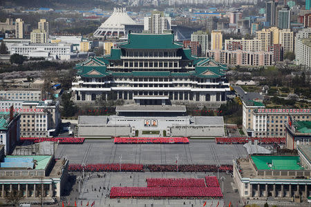 People practice for the expected parade on the main Kim Il Sung square in central Pyongyang, North Korea April 12, 2017. REUTERS/Damir Sagolj