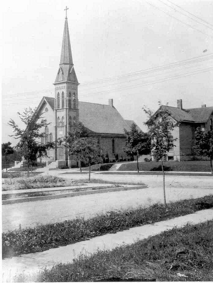 The original Wauwatosa United Methodist Church building is shown here in a photo before it was burned to the ground in 1919.