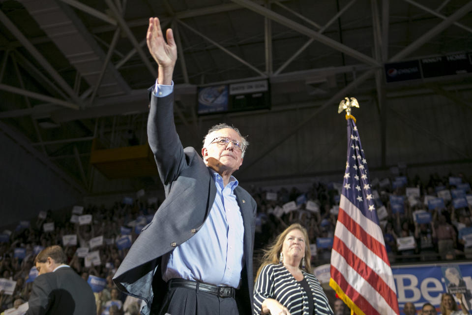 Sen. Bernie Sanders arrives with his wife Jane at a campaign rally on July 6, 2015, in Portland, Maine.