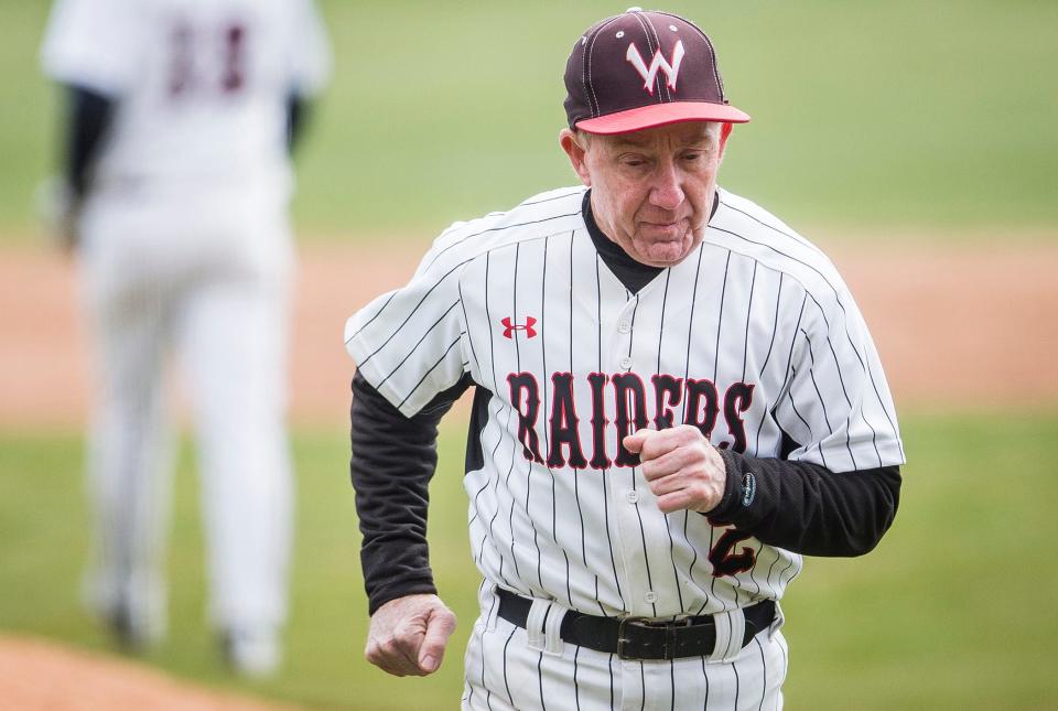 Wapahani baseball head coach Brian Dudley coaching against Central during their game at Wapahani High School Saturday, April 2, 2022.