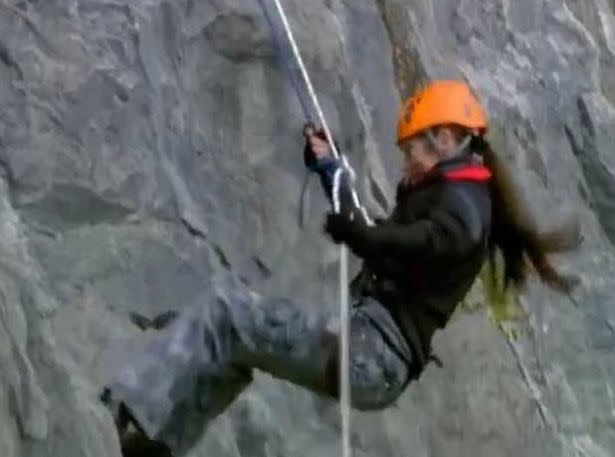 Lorraine Chase abseiling on 'Carry On Barging' in 2016 (Channel 5)