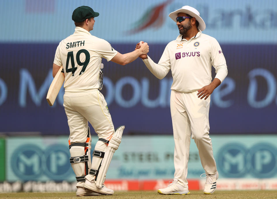 Seen here, captains Steve Smith and Rohit Sharma shake hands after the fourth and final Test of the series ends in a draw. 