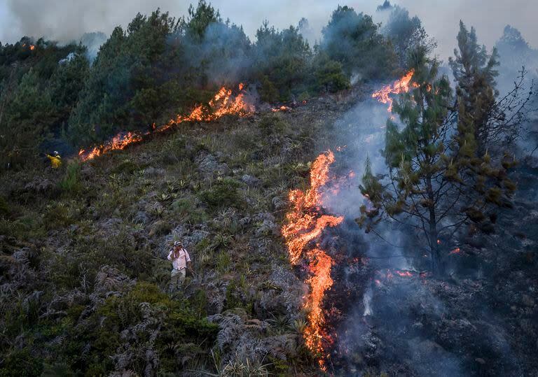 Un incendio arde en las laderas de las montañas que rodean Nemocón, al norte de Bogotá, Colombia, el martes 23 de enero de 2024
(AP Foto/Iván Valencia)