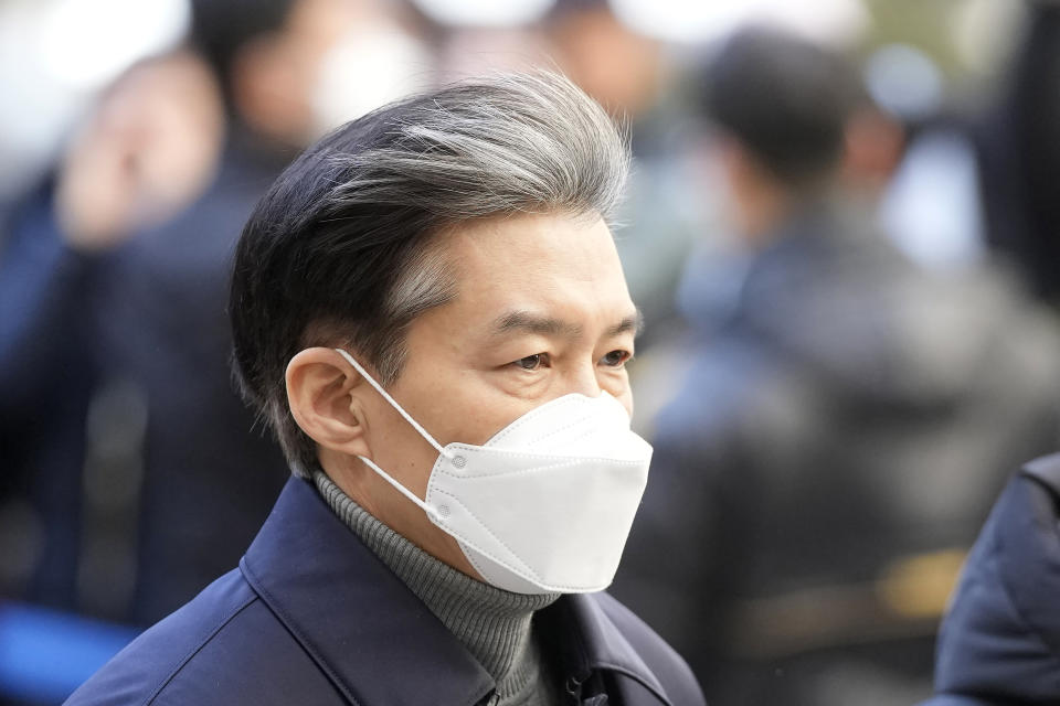 Former Justice Minister Cho Kuk arrives at the Seoul Central District Court in Seoul, South Korea, Friday, Feb. 3, 2023. The court on Friday sentenced Cho to two years in prison, after he was found guilty of creating fake credentials to help his children get into prestigious schools, a scandal that rocked the country’s previous government and sparked huge protests. (AP Photo/Lee Jin-man)