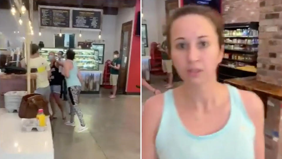 Pictured left is a woman coughing on another customer at New York City Bagel Coffee House. On the right is a still of the woman responsible.