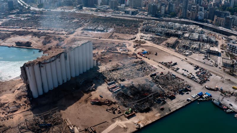 A still image taken a drone footage shows the damage two days after an explosion in Beirut's port area